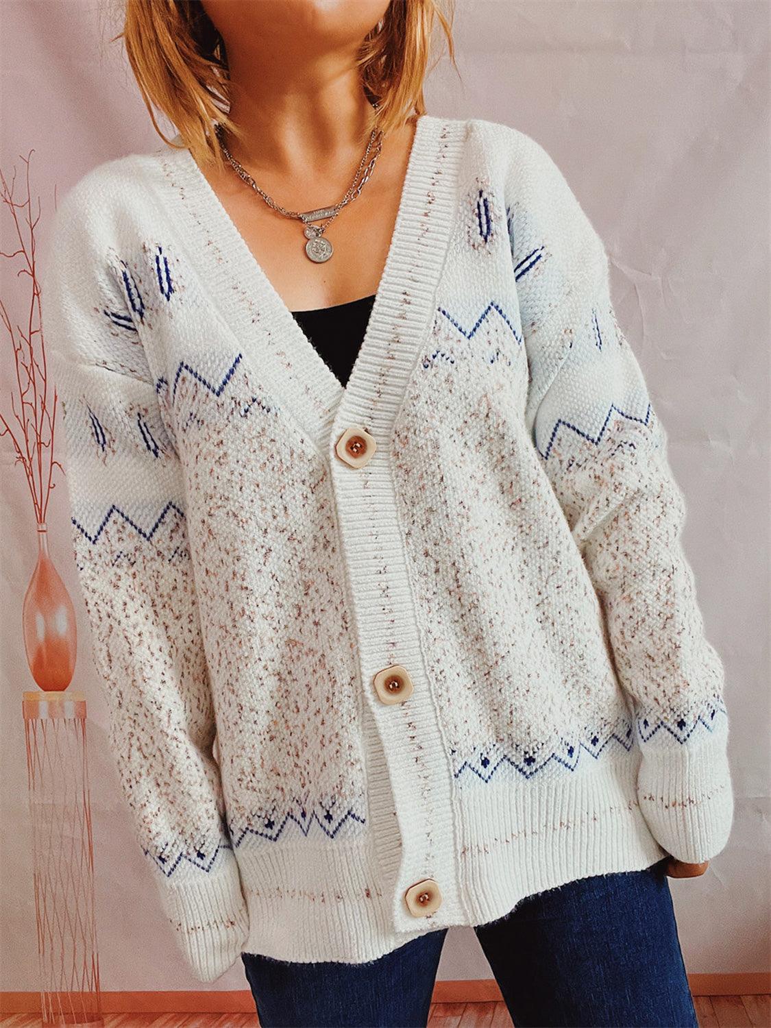Geometric Button Front Long Sleeve Cardigan Carauana Store