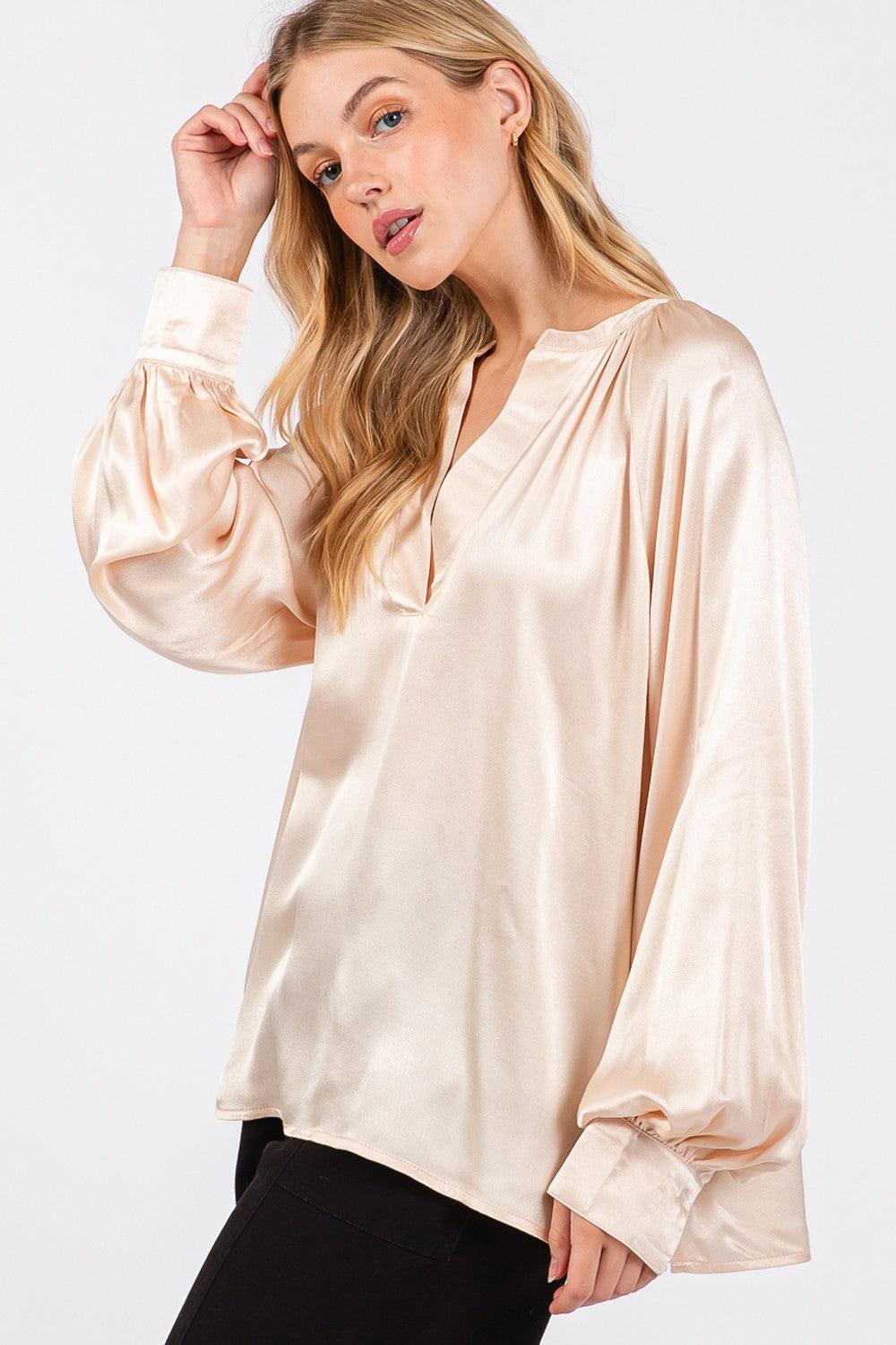 SAGE + FIG Notched Long Sleeve Blouse Carauana Store