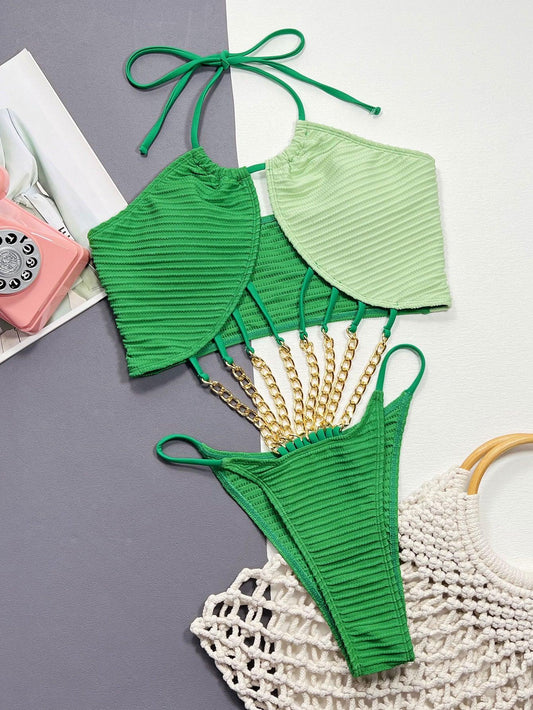 Contrast Halter Neck Chain Detail One-Piece Swimsuit Carauana Store