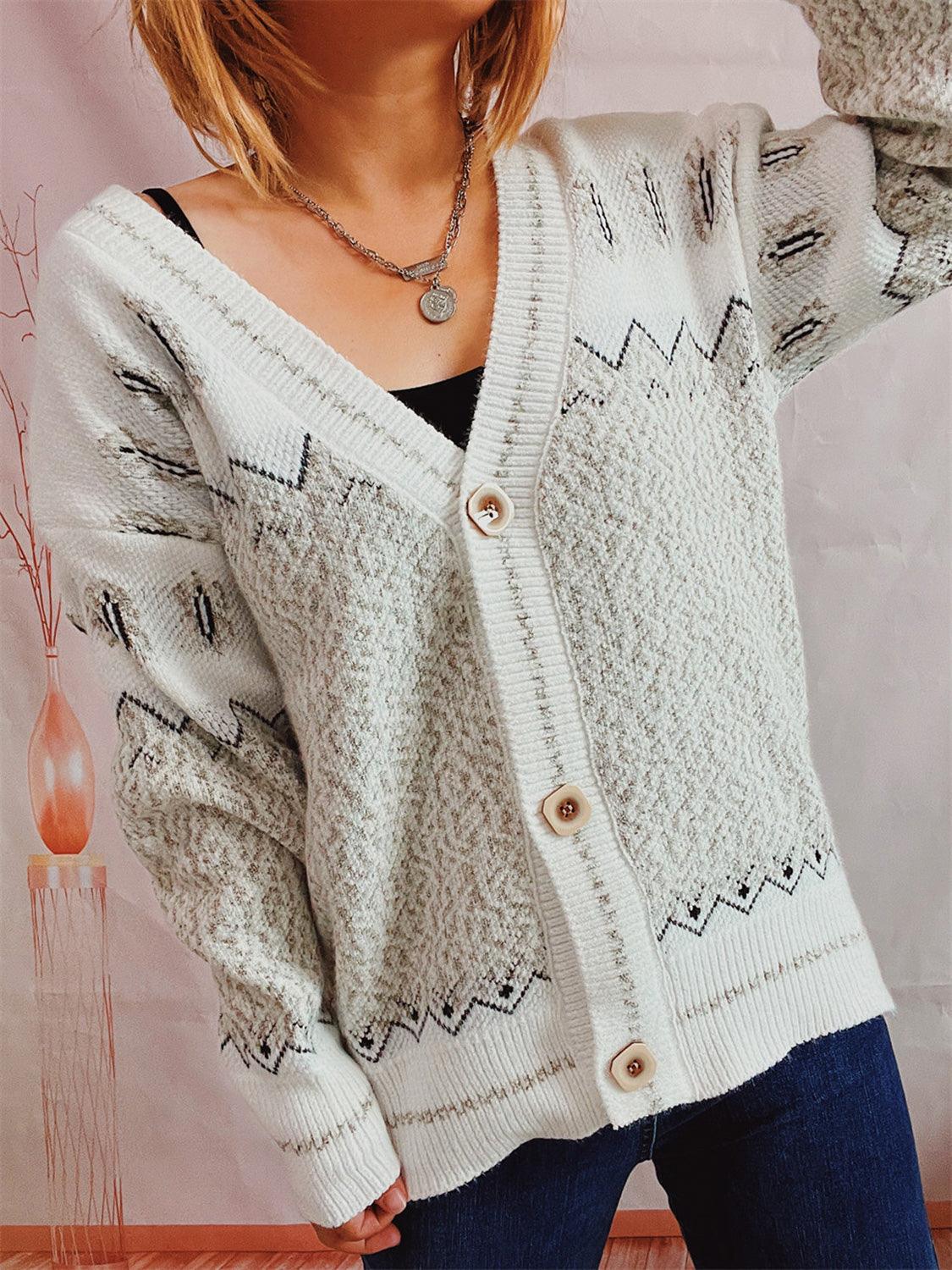 Geometric Button Front Long Sleeve Cardigan Carauana Store