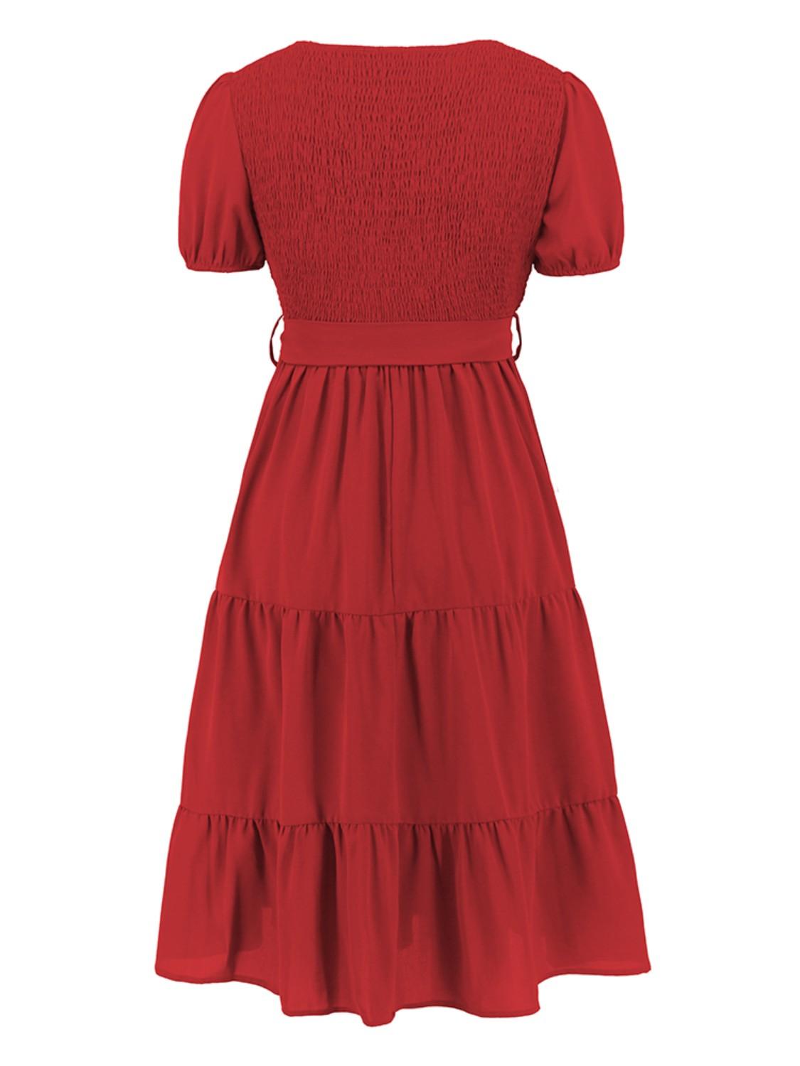 Smocked Tie Front Short Sleeve Tiered Dress Carauana Store