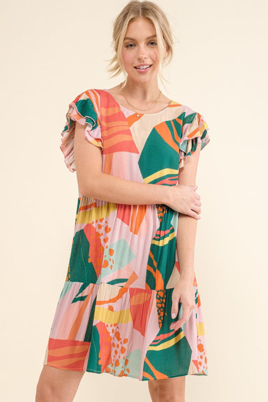 And The Why Printed Double Ruffle Sleeve Dress Carauana Store