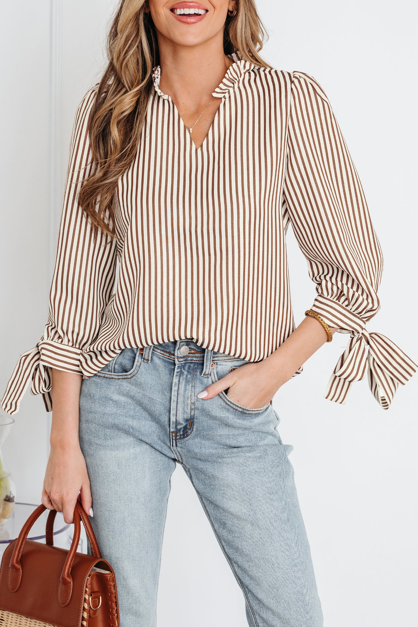 Straw Yellow Striped Print Tied Cuffs Split Neck Seersucker Blouse