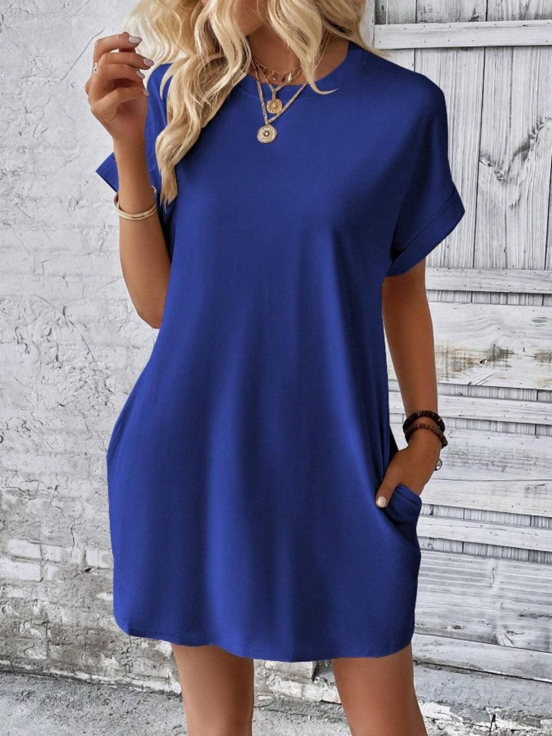 Pocketed Round Neck Short Sleeve Dress Carauana Store