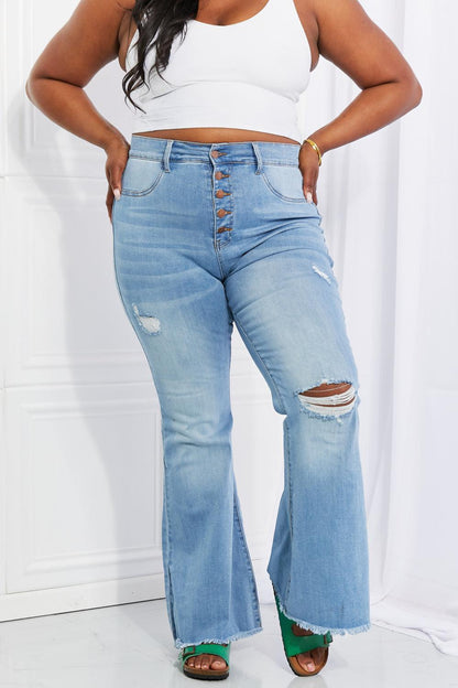 Vibrant MIU Full Size Jess Button Flare Jeans Carauana Store