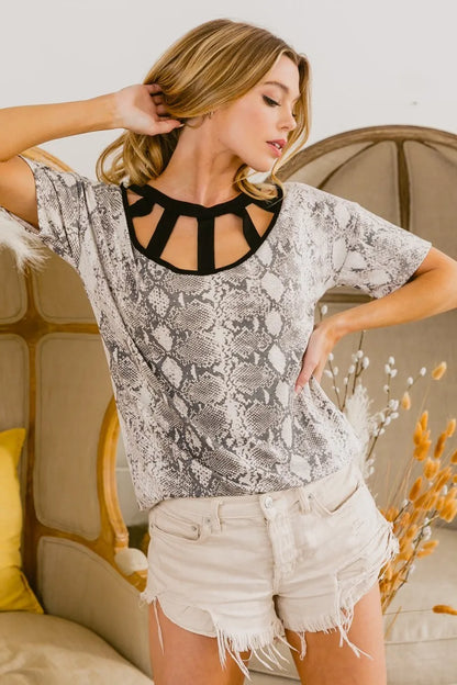 BiBi Snake Skin Print Top with Contrast Caged Neck Carauana Store