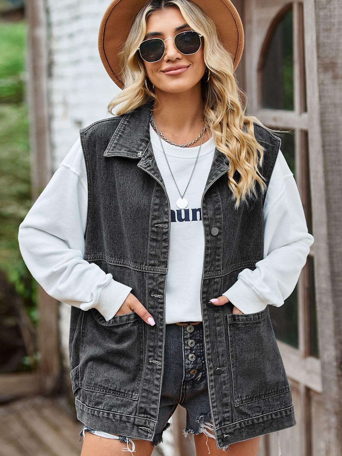Button Front Sleeveless Denim Jacket Carauana Store