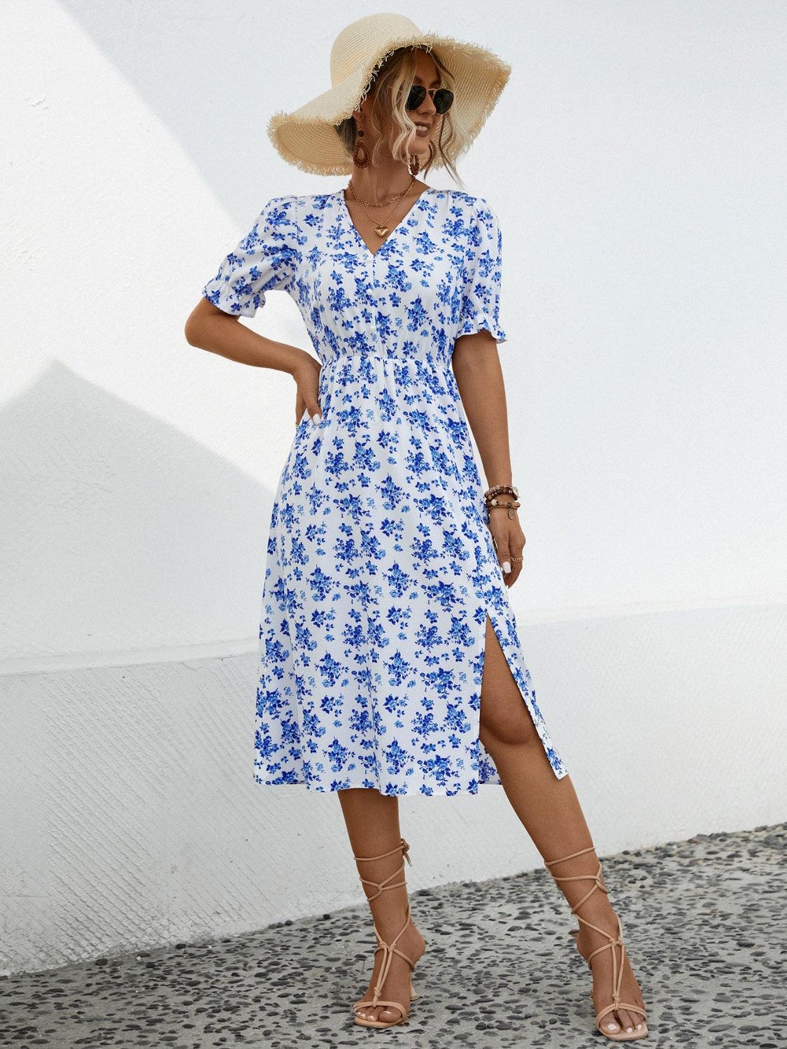 Slit Printed V-Neck Short Sleeve Dress Carauana Store