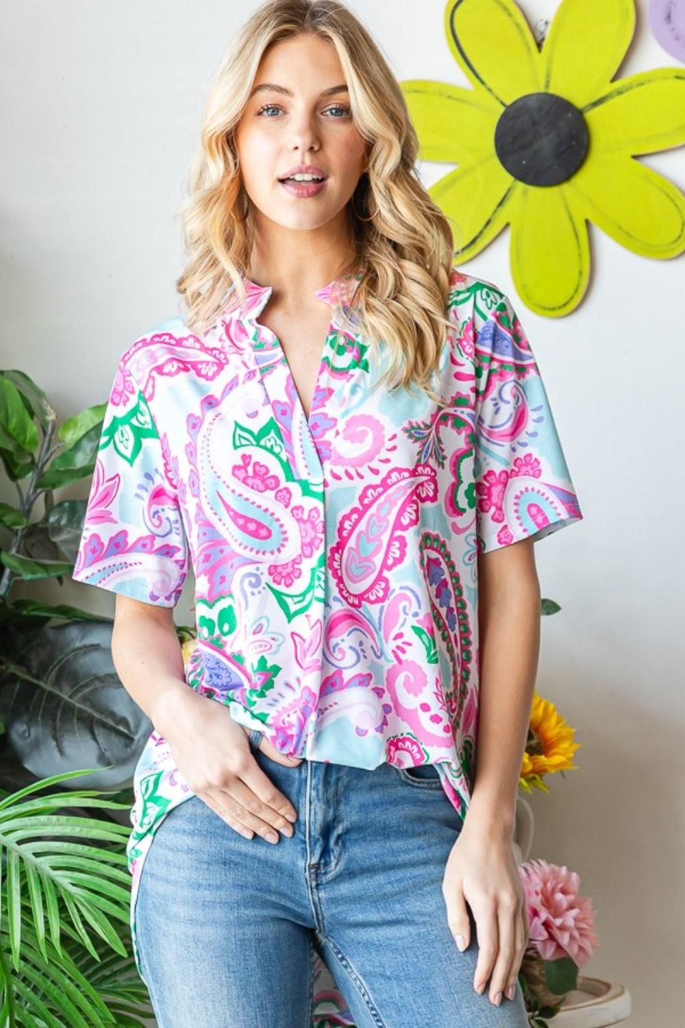 Heimish Full Size Paisley Print Short Sleeve Top Carauana Store