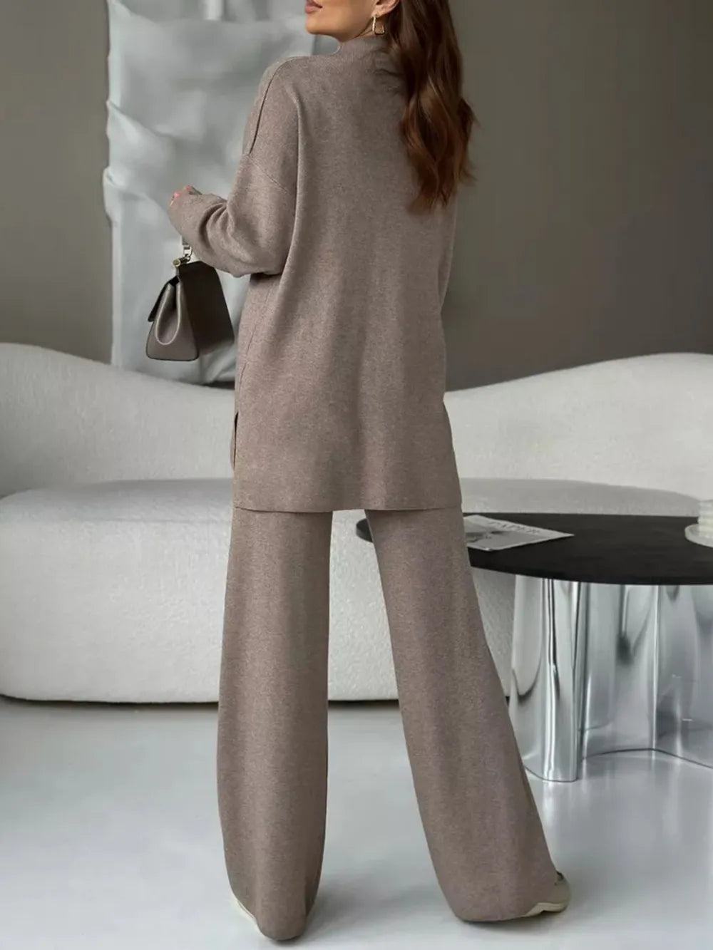 Slit Mock Neck Top and Pants Sweater Set Carauana Store