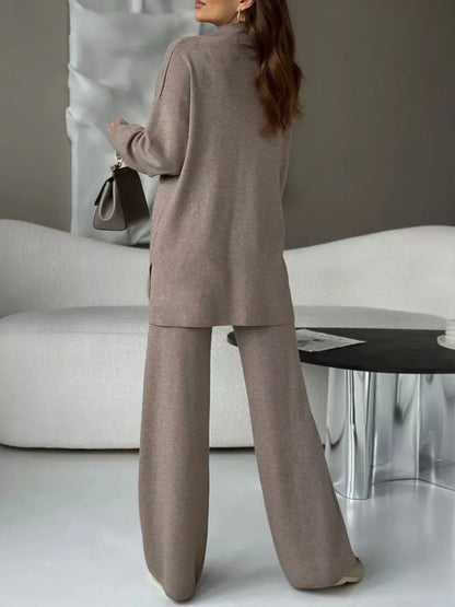 Slit Mock Neck Top and Pants Sweater Set Carauana Store