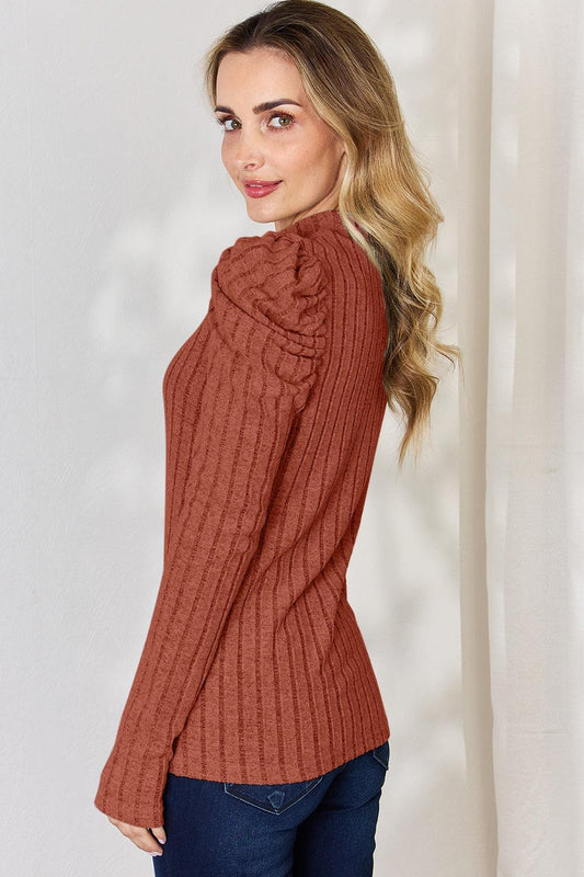 Basic Bae Full Size Ribbed Mock Neck Puff Sleeve T-Shirt Carauana Store