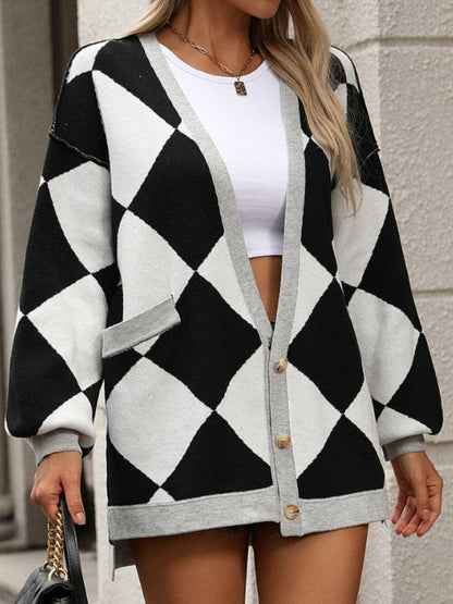 Checkered Dropped Shoulder Long Sleeve Cardigan CaRaUaNa Fashion