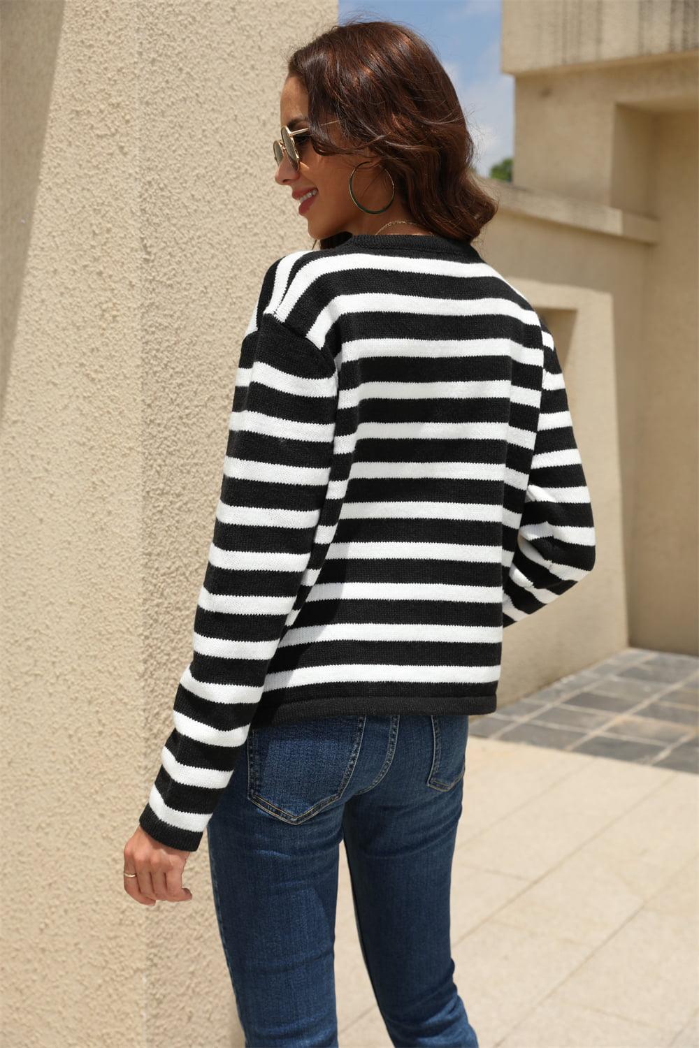 Angel Wings Striped Round Neck Button-Down Dropped Shoulder Cardigan Carauana Store