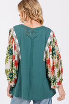 SAGE + FIG Full Size Printed Balloon Sleeve Contrast Top Carauana Store