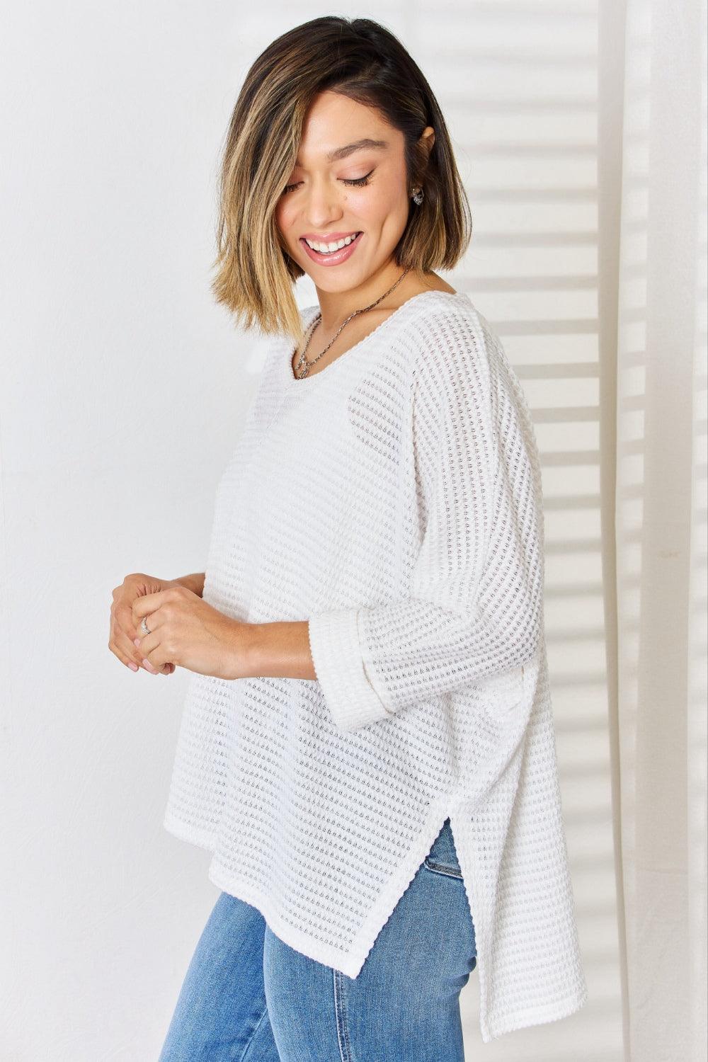 Zenana Full Size Waffle Knit V-Neck Long Sleeve Slit Top CaRaUaNa Fashion