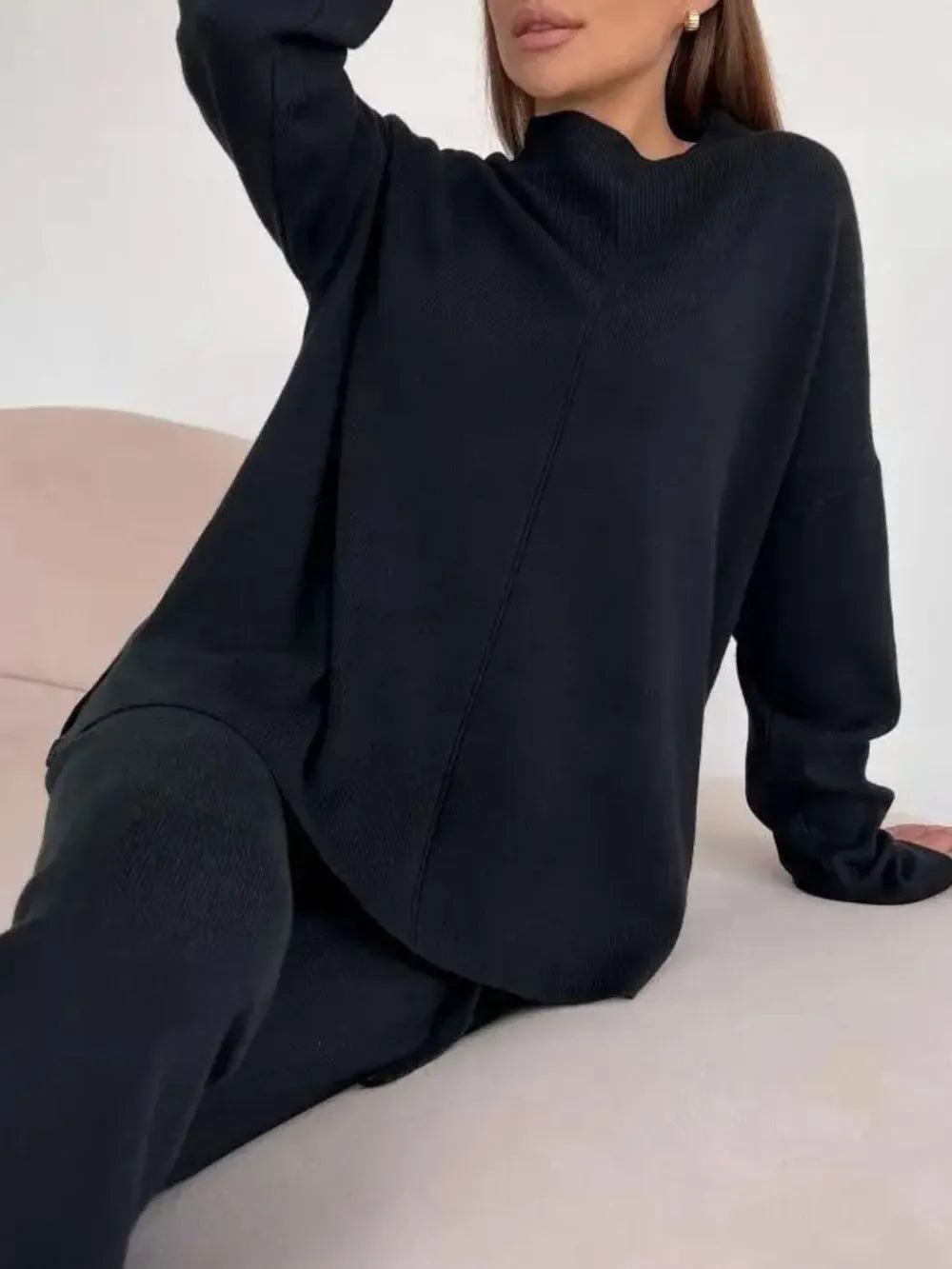 Slit Mock Neck Top and Pants Sweater Set Carauana Store