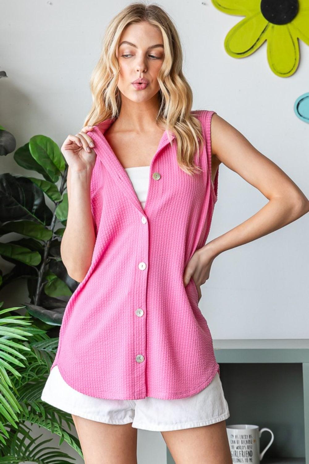 Heimish Full Size Texture Button Up Sleeveless Top Carauana Store