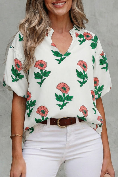Beige Floral Print Shirred Split Neck Short Sleeve Blouse