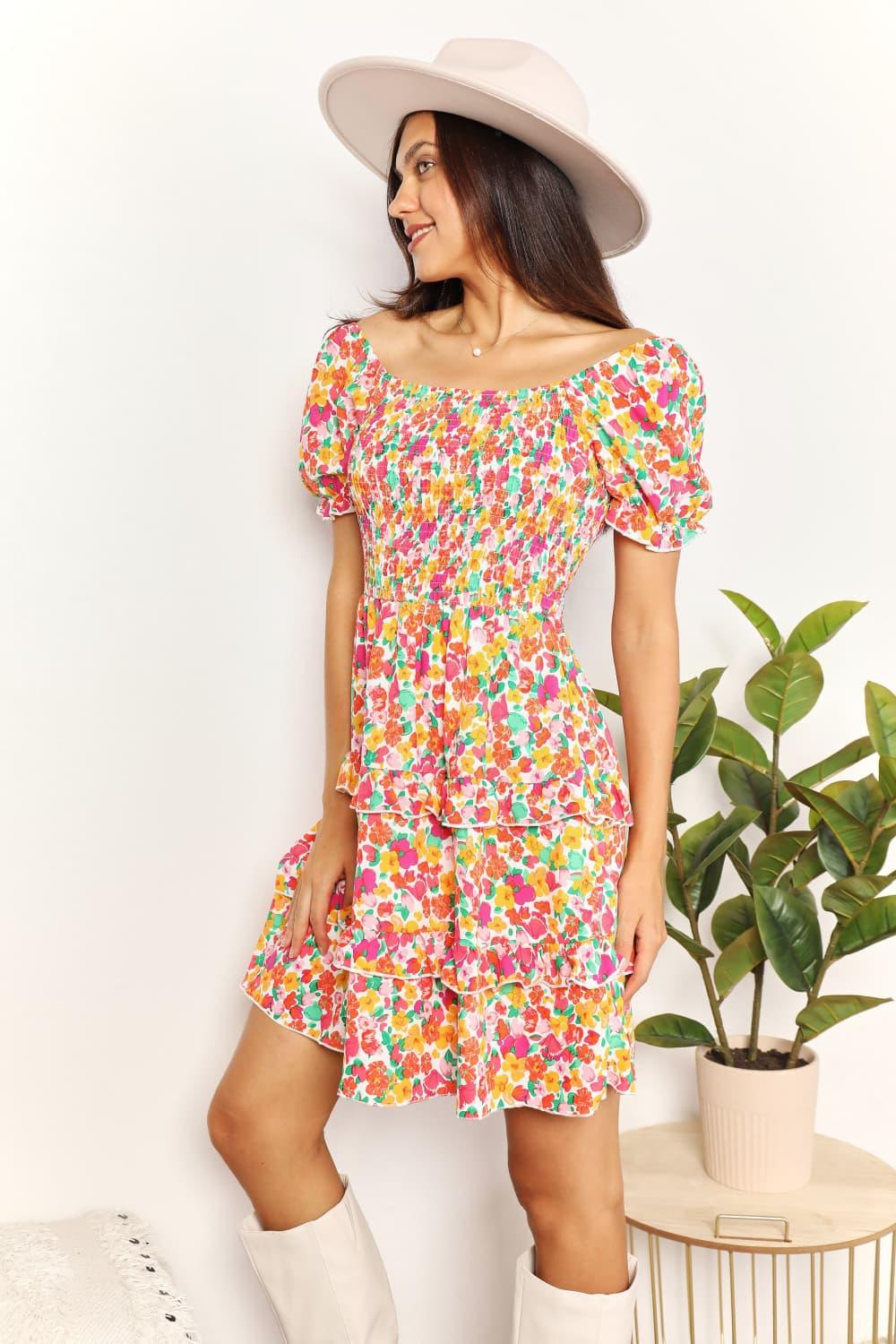 Double Take Smocked Sweetheart Neck Flounce Sleeve Mini Dress Carauana Store