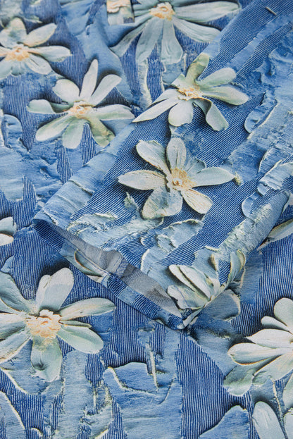 Sky Blue Fall Floral Half Placket Collared V Neck Blouse