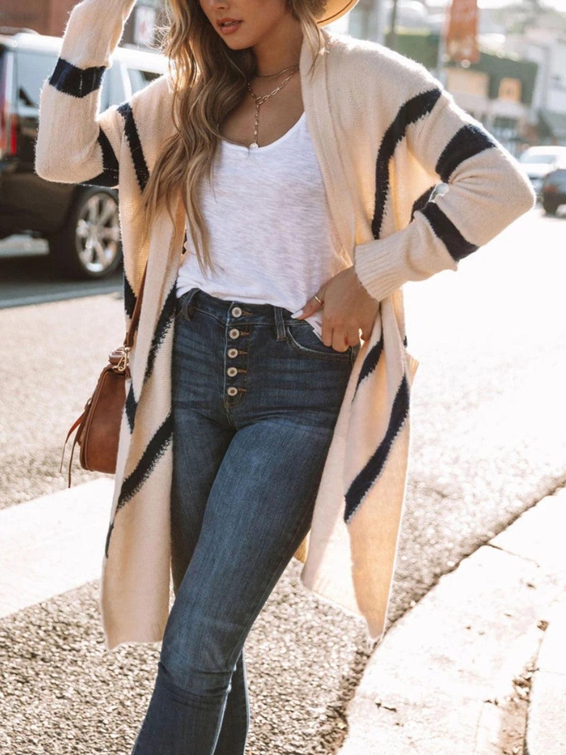 Contrast Open Front Cardigan with Pockets Carauana Store