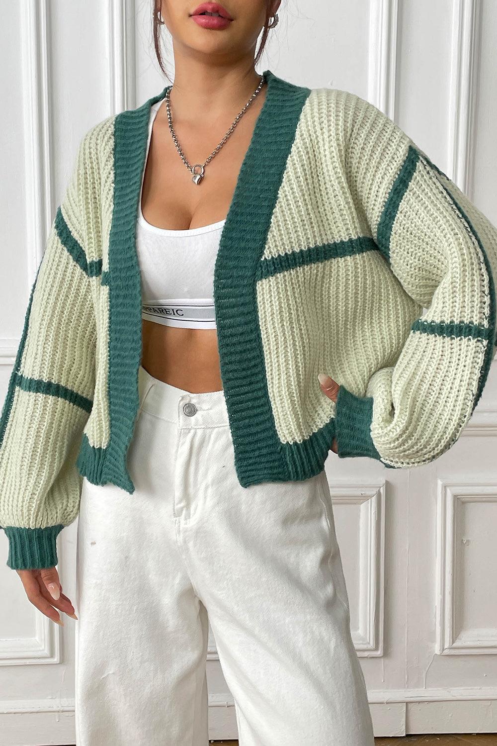 Contrast Open Front Long Sleeve Cardigan Carauana Store