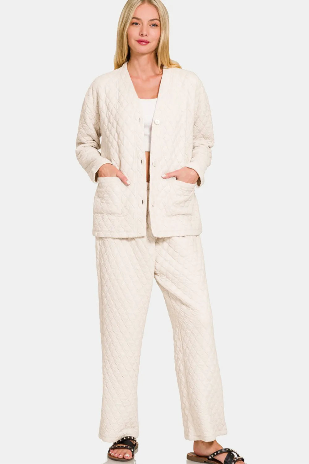 Zenana Quilted Button Up Long Sleeve Top and Pants Lounge Set Carauana Store