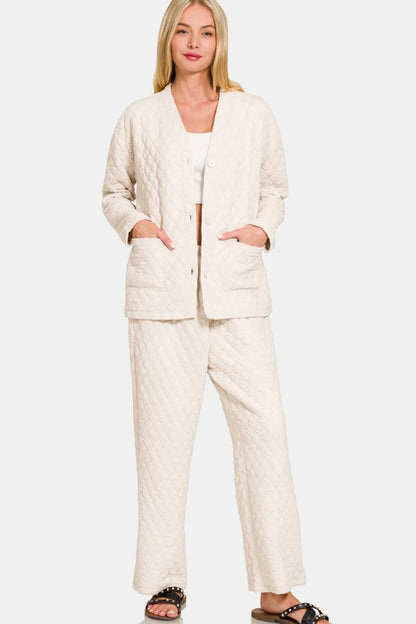 Zenana Quilted Button Up Long Sleeve Top and Pants Lounge Set Carauana Store