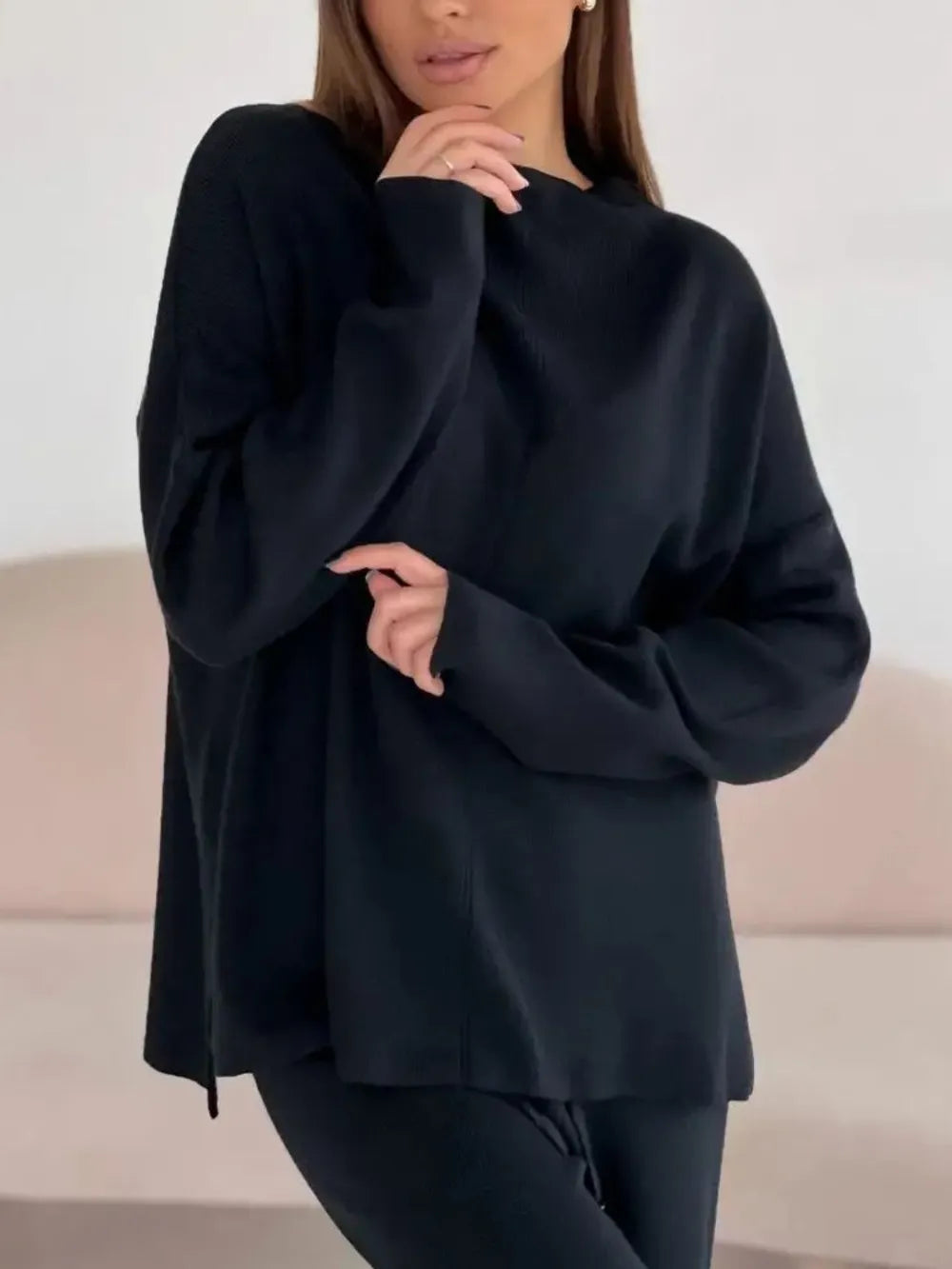 Slit Mock Neck Top and Pants Sweater Set Carauana Store