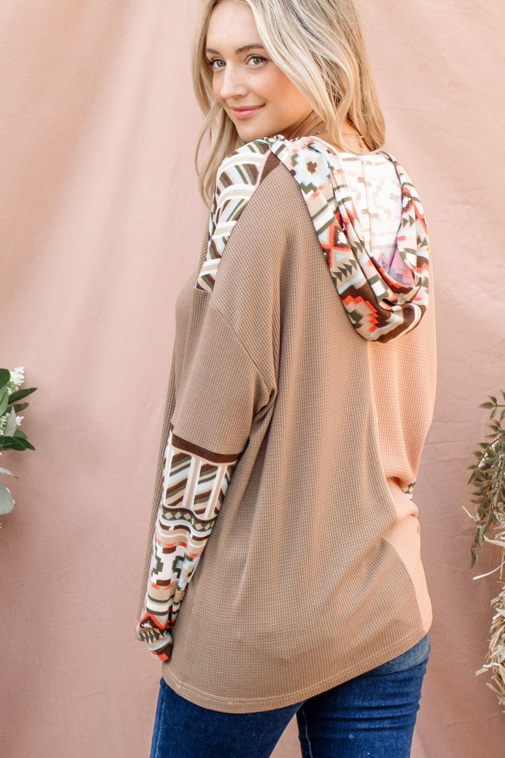 And The Why Printed Color Block Hooded Waffle Top Carauana Store