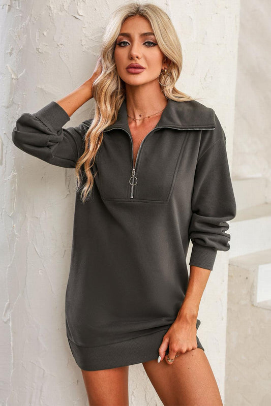 Half Zip Dropped Shoulder Mini Sweatshirt Dress Carauana Store