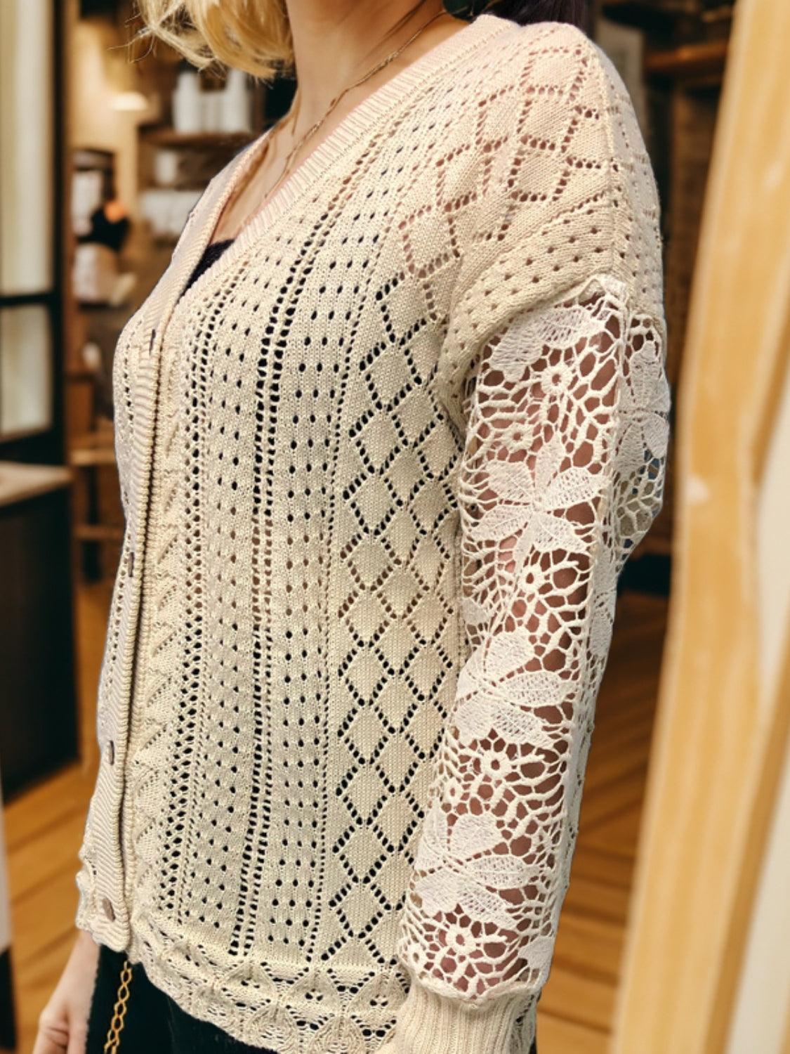 Eyelet Button Up Lantern Sleeve Cardigan Carauana Store
