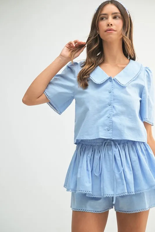 MABLE Collared Button Down Crop Top and Skort Set Carauana Store