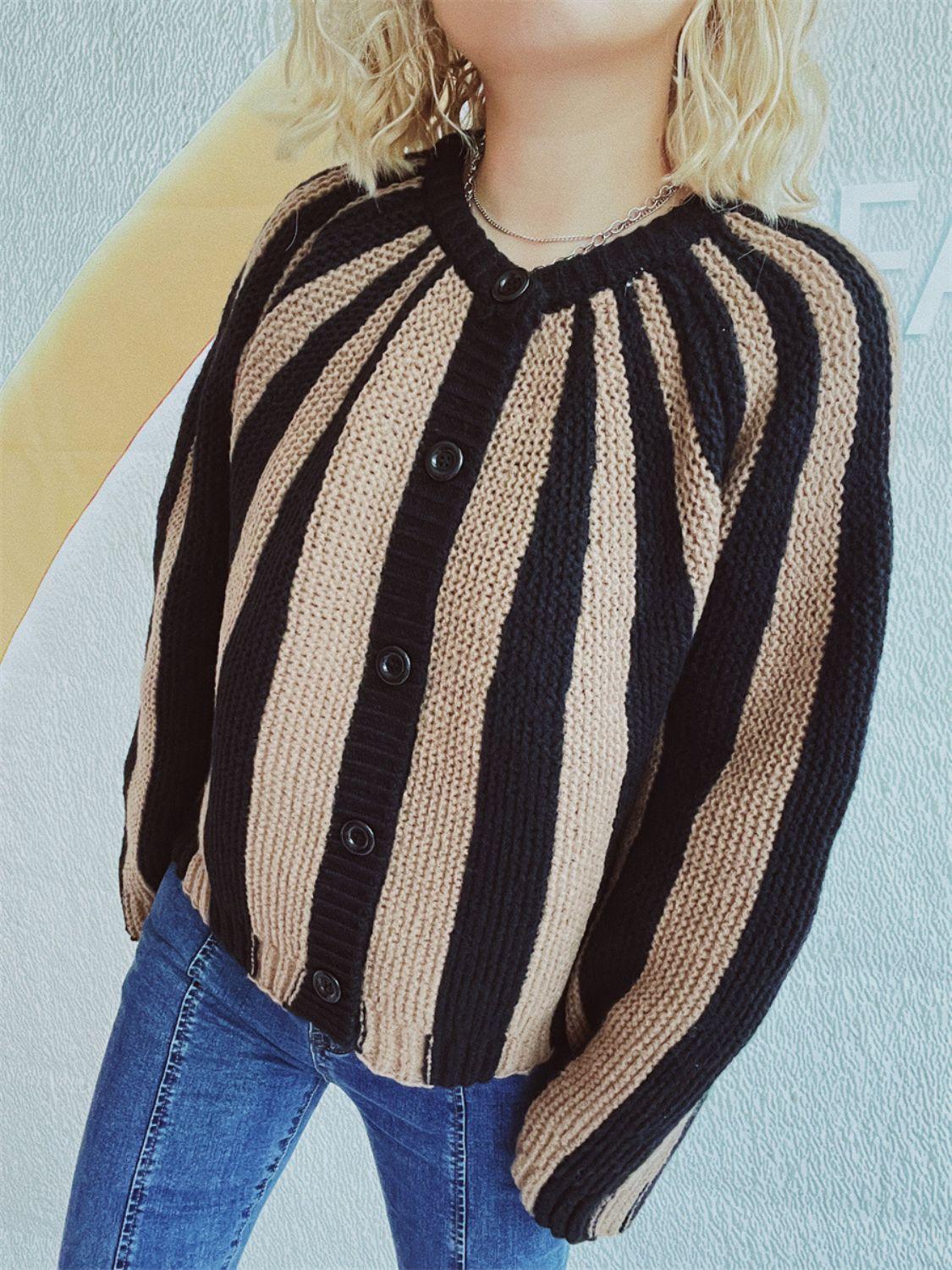 Contrast Stripes Button Down Long Sleeve Cardigan Carauana Store