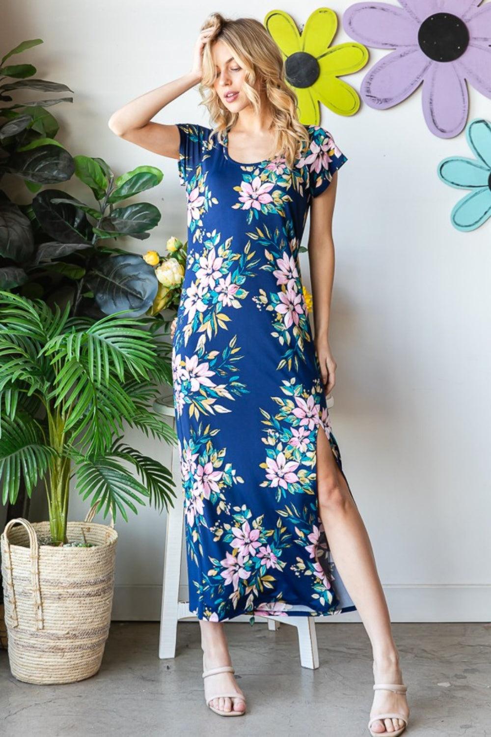 Heimish Full Size Floral Short Sleeve Slit Dress Carauana Store