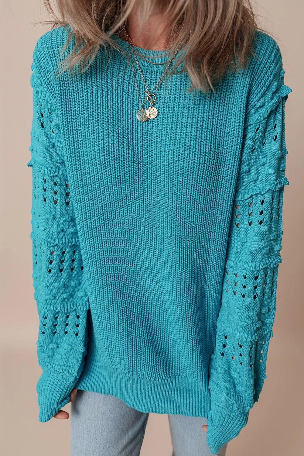 Openwork Frill Round Neck Long Sleeve Sweater CaRaUaNa Fashion