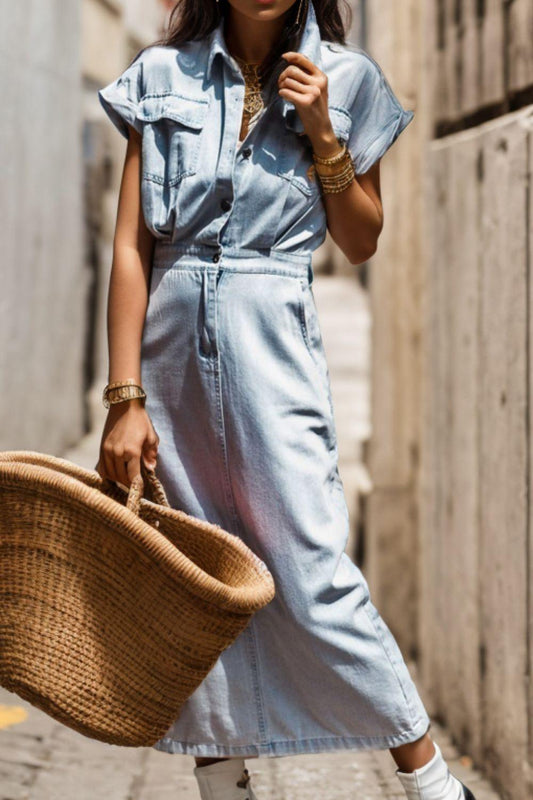 Slit Pocketed Half Button Denim Dress Carauana Store