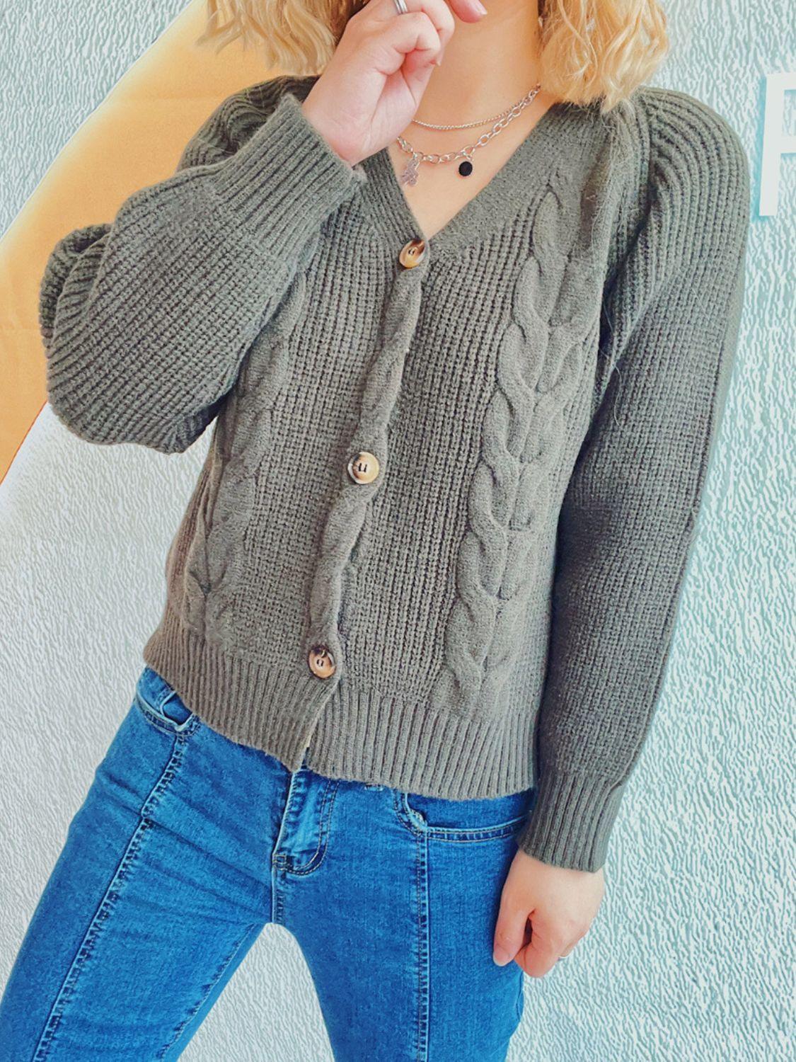 Cable-Knit V-Neck Button Down Long Sleeve Cardigan Carauana Store