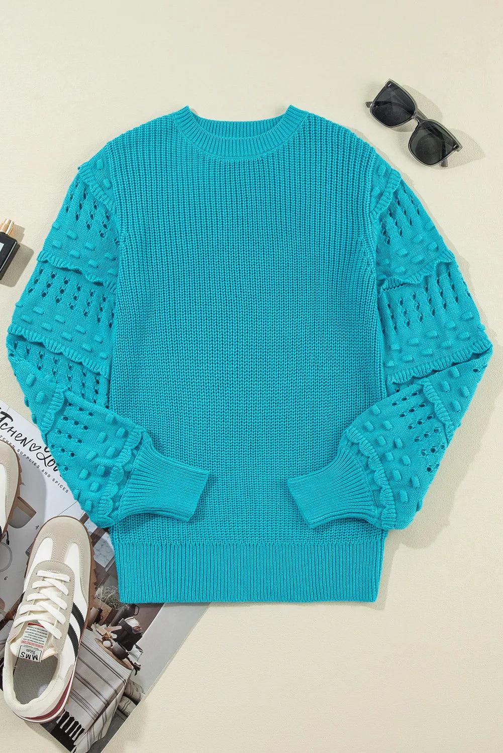 Openwork Frill Round Neck Long Sleeve Sweater CaRaUaNa Fashion