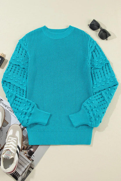 Openwork Frill Round Neck Long Sleeve Sweater CaRaUaNa Fashion