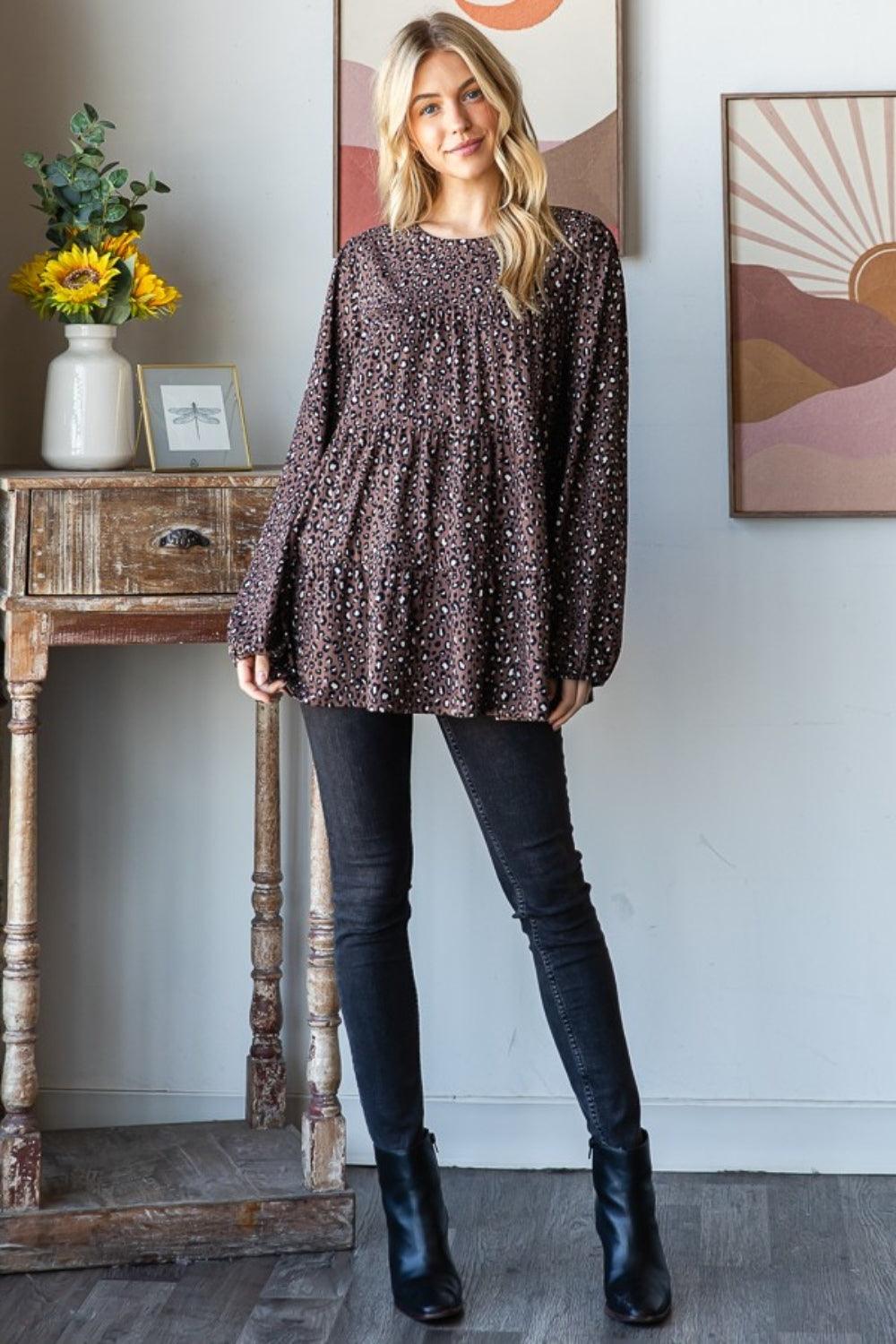 Heimish Leopard Long Sleeve Tiered Blouse Carauana Store