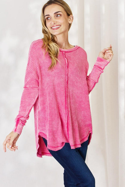 Zenana Oversized Washed Waffle Long Sleeve Top Carauana Store