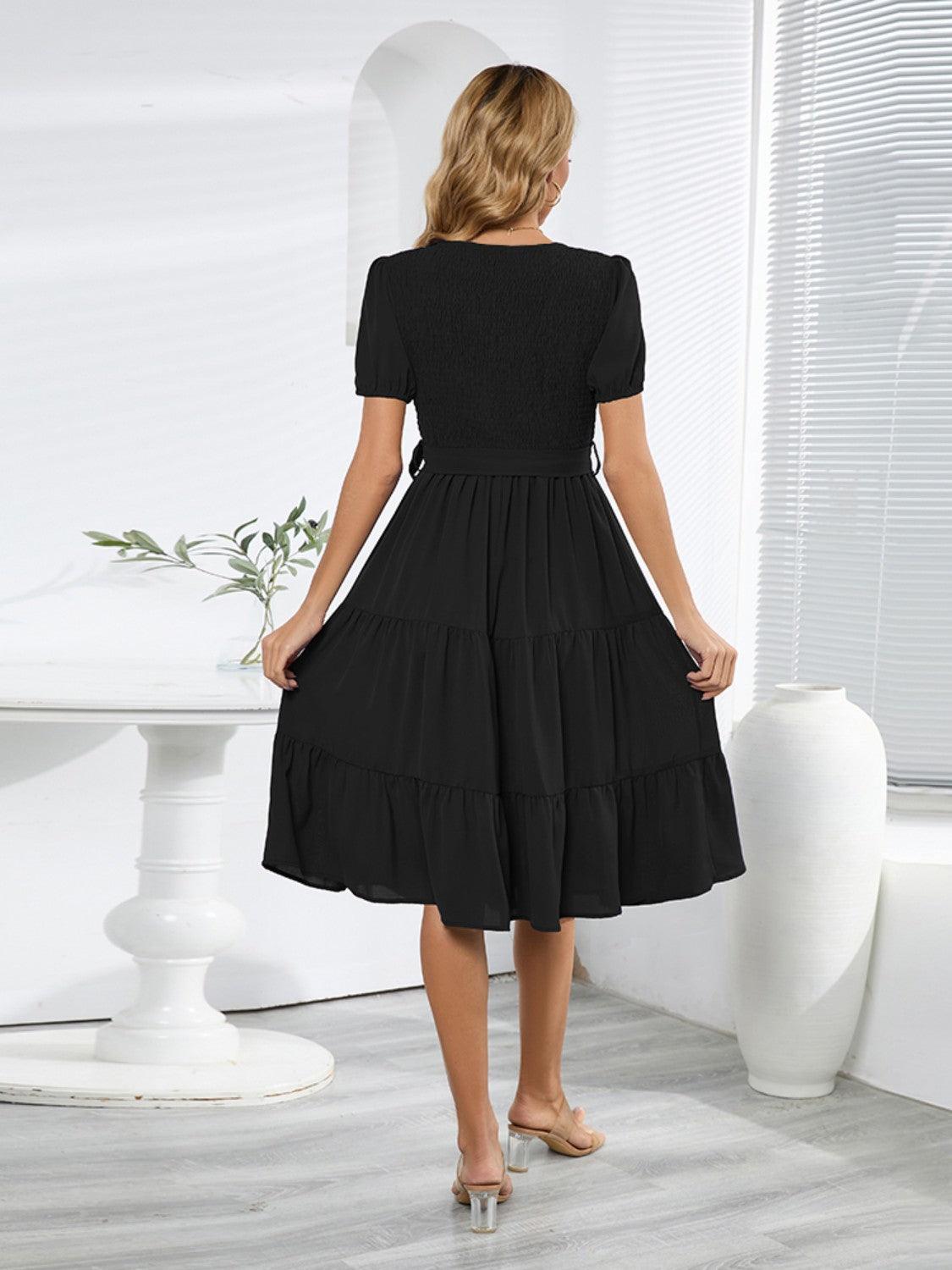 Smocked Tie Front Short Sleeve Tiered Dress Carauana Store