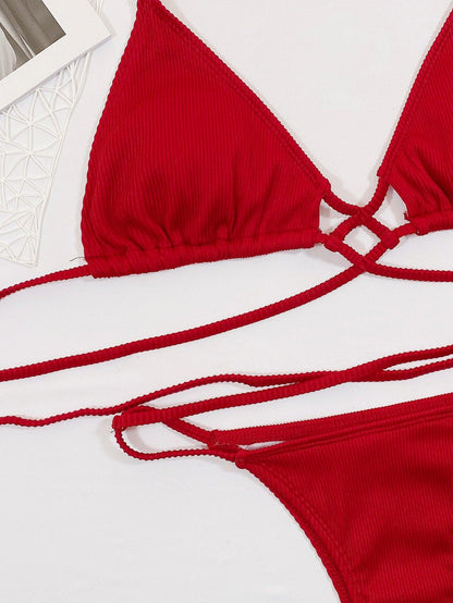 Halter Neck Crisscross Ribbed Bikini Set Carauana Store