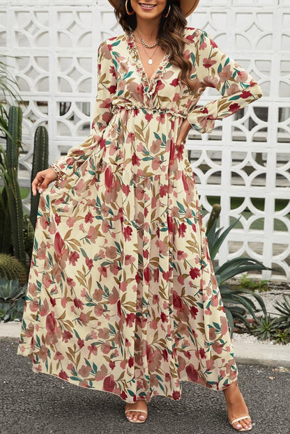 Floral Frill Trim Flounce Sleeve Plunge Maxi Dress Carauana Store