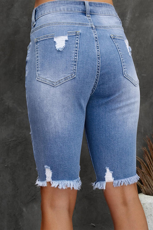 Distressed Frayed Hem Denim Bermuda Shorts Carauana Store