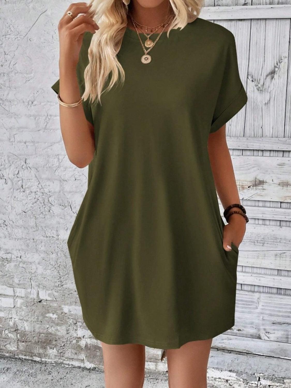 Pocketed Round Neck Short Sleeve Dress Carauana Store