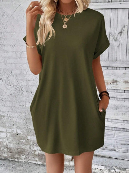 Pocketed Round Neck Short Sleeve Dress Carauana Store