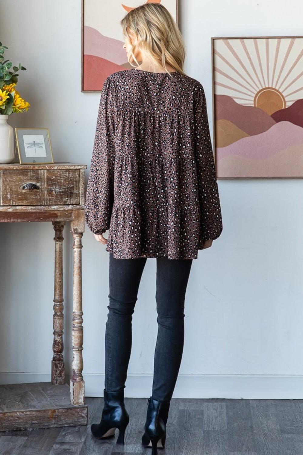 Heimish Leopard Long Sleeve Tiered Blouse Carauana Store
